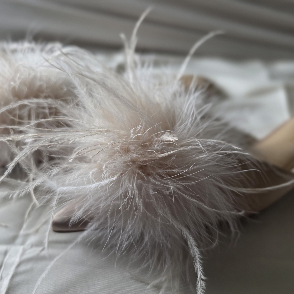 Good American Champagne Feathered Mules